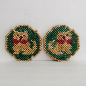 Vtg Pair of Boho Bamboo Wooden Beaded Cat Dog Trivets Kitchen Hot Plate Wall Art